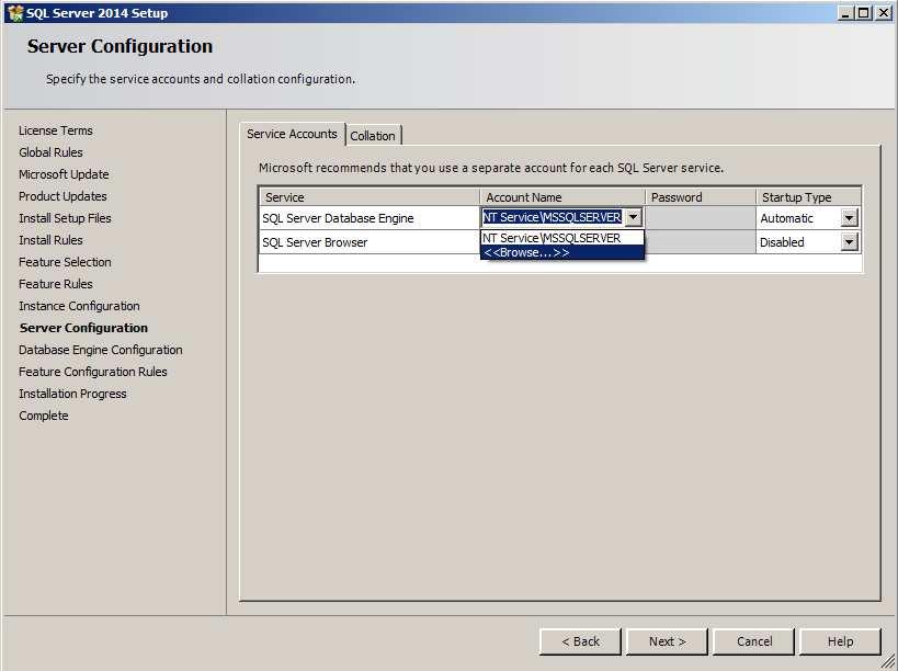 W oknie Server Configuration w zakładce Service Accounts dla SQL Server Database Engine, w polu