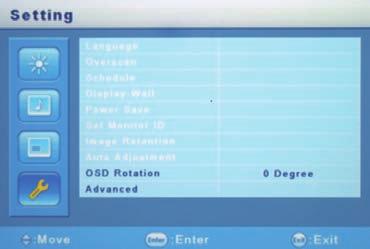 10. Dodatek W menu "Setting" można ustawić następujące pozycje: Pozycja Ustawienie Wartość początkowa Zakres wartości OSD Rotation Obraca obraz menu o 90.