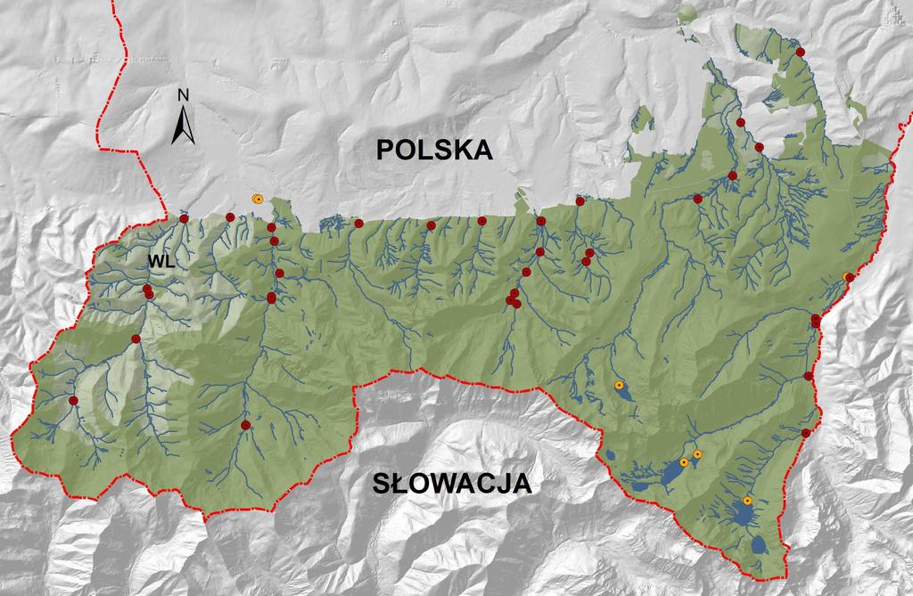 2. Metodyka W Tatrach Polskich funkcjonuje 45 stanowisk pomiarowych gdzie zamontowano sondy ciśnieniowe Orpheus Mini z rejestratorami, które mierzą stan i temperaturę wody (Ryc. 1).