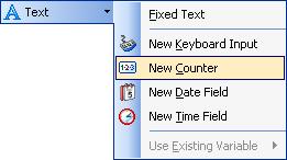 Rozdział 3:Projektowanie etykiet etykiet 1. Kliknij małą strzałkę obok ikony w Ramce narzędziowej w celu wyświetlenia listy dostępnych typów zmiennych. 2. Wybierz z listy opcję Nowy licznik. 3. Otwiera się okno dialogowe, zawierające właściwości licznika.