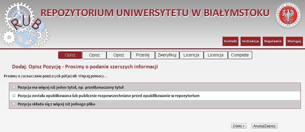 przetłumaczony, dokument wcześniej opublikowany lub rozpowszechniony (jeżeli praca została już wcześniej opublikowana, po zaznaczeniu tej opcji pojawi