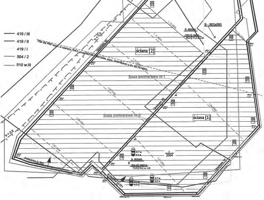 58 PRZEGLĄD GÓRNICZY 2016 Rys. 3. Wycinek mapy pokładu, w którym zlokalizowane były analizowane ściany (Prusek 2005) Fig. 3. Section of map of seam in which the analysed longwall panels were located (Prusek 2005) Pomiary wykonywane w wyrobisku dotyczyły wyłącznie jego zaciskania.