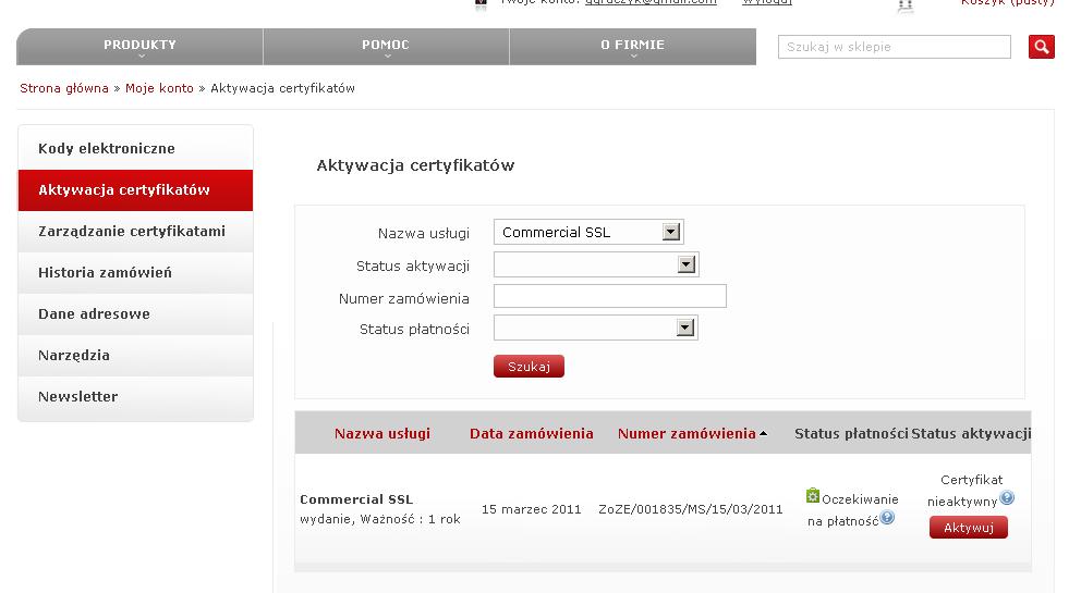 2. Wysyłanie żądania do CERTUM Po zalogowaniu do systemu CERTUM, mając wygenerowane żądanie oraz złożone zamówienie w sklepie, wypełniamy formularz zgłoszeniowy i wklejamy żądanie CSR na stronie