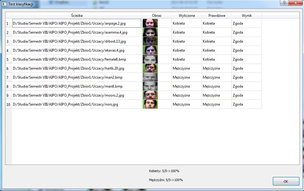 W tym oknie zostanie przedstawiona tabela ze wszystkimi zdjęciami, ścieżkami do nich oraz otrzymanymi wynikami i rzeczywistymi danymi.