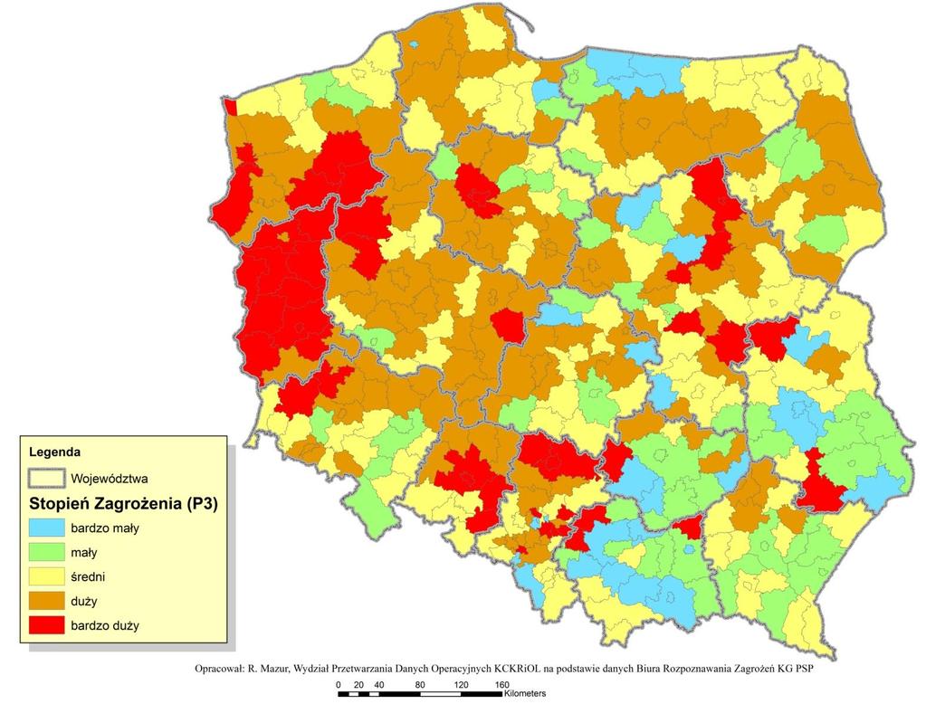 Mapy oceny stopnia zagrożenia powiatu pod kątem prac związanych z planowaniem operacyjnym współpraca z BZ KGPSP Mapa stopnia zagrożenia powiatu (5-io stopniowa) pożary lasów