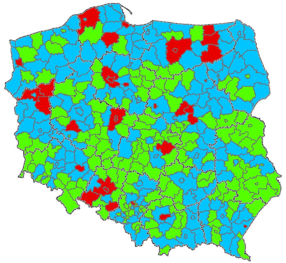 Krajowy Plan Sieci Jednostek Ratownictwa Specjalistycznego stopień zagrożenia powiatów w funkcji liczności SGR i ich czasów dojazdów na poziomach gotowości