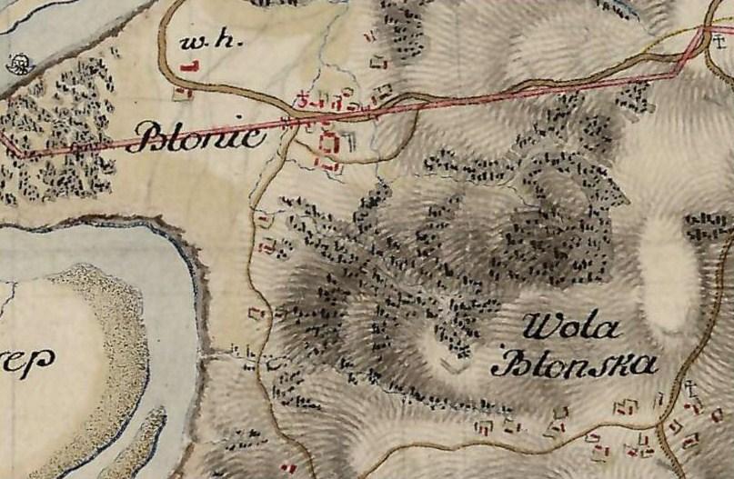 Błonie Błonie na mapie topograficznej Galicji z lat 17791783 (tzw. mapa Miega). Droga zaznaczona kolorem różowym to niezrealizowany wariant drogi z Tarnowa do Krakowa.