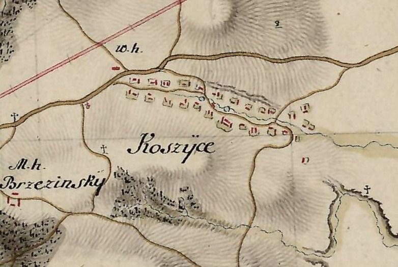 Koszyce Wielkie Koszyce Wielkie na mapie topograficznej Galicji z lat 17791783 (tzw. mapa Miega). Droga zaznaczona kolorem różowym to niezrealizowany wariant drogi z Tarnowa do Krakowa.