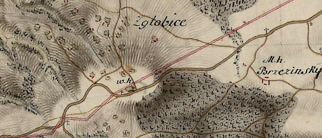 Zgłobice Zgłobice na mapie topograficznej Galicji z lat 17791783 (tzw. mapa Miega). Droga zaznaczona kolorem różowym to niezrealizowany wariant drogi z Tarnowa do Krakowa.