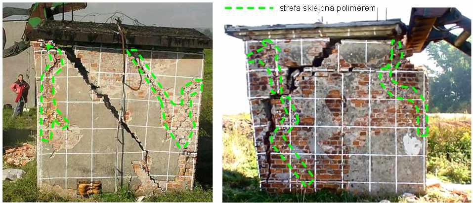 New damages appeared in the repaired masonry, caused by the dynamic force excited at the roof level and the polymer bonded cracks keeping fast together pieces of wall 7.