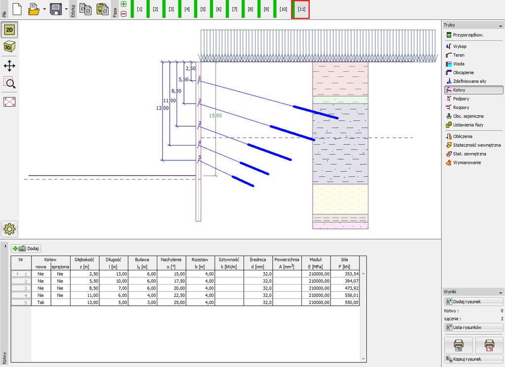Wykop zostaje pogłębiony w ostatniej fazie budowy (faza 11) do poziomu h 15 m. Nie wykonujemy nowego poziomu kotwienia.