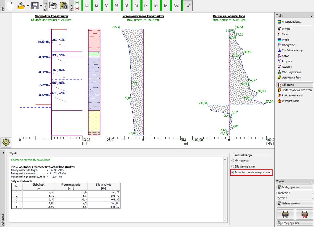 Ramka "Obliczenia" Faza 11 (Przemieszczenia i naprężenia) Przeanalizowane zostały wszystkie etapy wznoszenia konstrukcji, co oznacza, że projektowana ściana berlińska jest stateczna we wszystkich