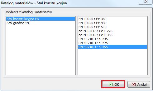 Okno dialogowe "Nowa sekcja" Przejdź do ramki "Materiał" i wybierz z katalogu