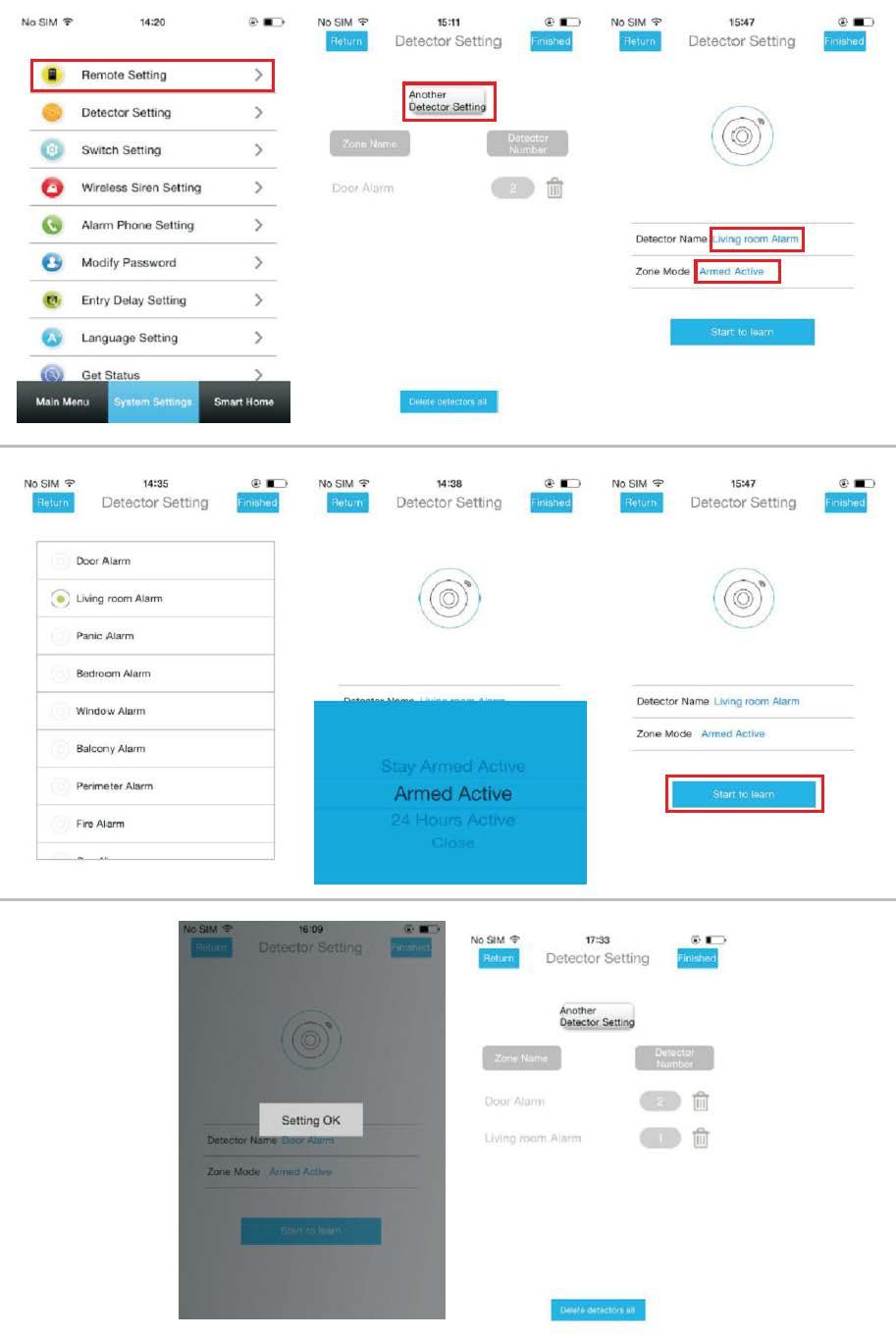 Programowanie czujek: Wejdź do ustawień systemu w menu "System Settings" Wybierz opcję Czujki Bezprzewodowe "Detector Settings".