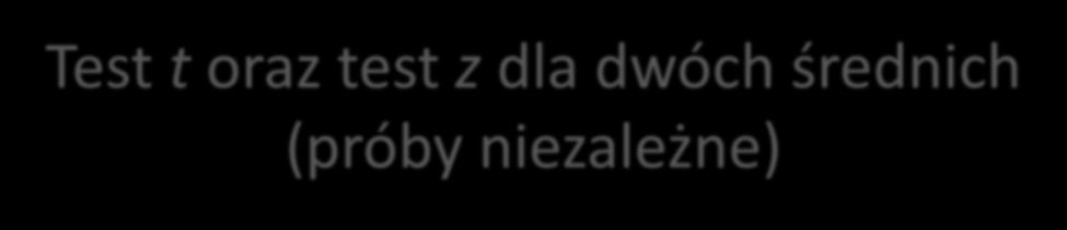 Test t oraz test z dla dwóch średnich (próby niezależne) t x x 1 2 2 2 n1s 1 n2s 2 1 1 n1 n2 2 n1 n2 z x 1 2 s n x s n 2 2 1 2 1 2 x 1 x 2 n n 1 2 2 s 1 2 s 2 średnia pierwszej grupy,