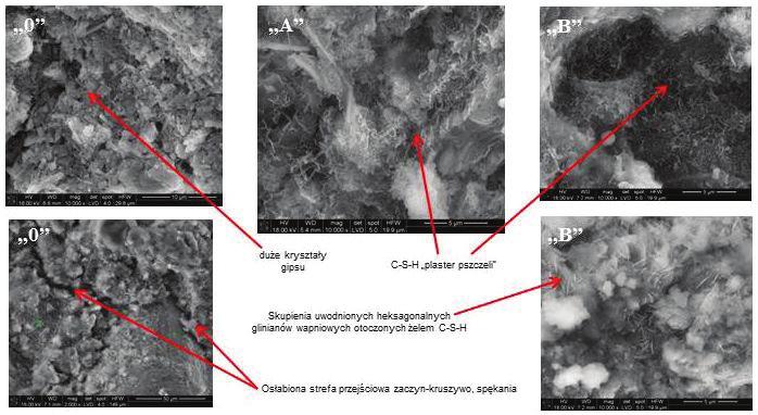 Micrographs of the mortars microstructure after 1 year of curing in Na 2 SO 4 solution; 0 large gypsum crystals, down microcracks, A and B honeycomb C-S-H morphology. czek.