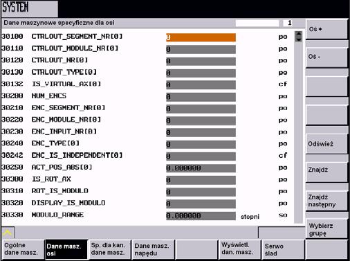 System Rysunek 7-7 Są wyświetlane dane osi 1. Przy pomocy oś + i oś - dokonuje się przełączenia na zakres danych maszynowych osi następnej wzgl. poprzedniej. Znajdź Szukanie Wpiszcie numer wzgl.