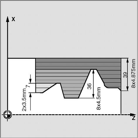 Cykle 9.5 Cykle toczenia Rysunek 9-49 Przykład obliczenia aktualnych głębokości dosuwu: Odcinek obróbki 1 ma głębokość całkowitą 39 mm.
