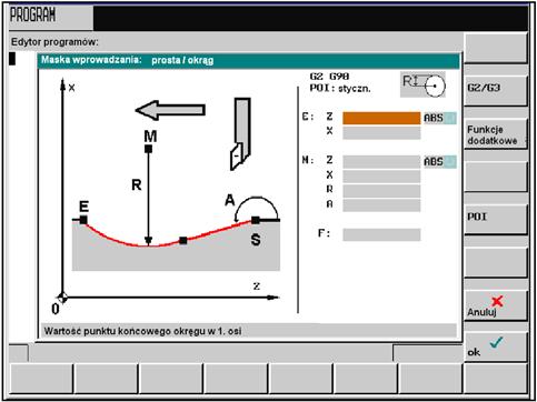 Programowanie obróbki 6.3 Programowanie zarysu konturu Ten przycisk programowany przełącza kierunek obrotu z G2 na G3. Na wyświetlaczu ukazuje się G3.