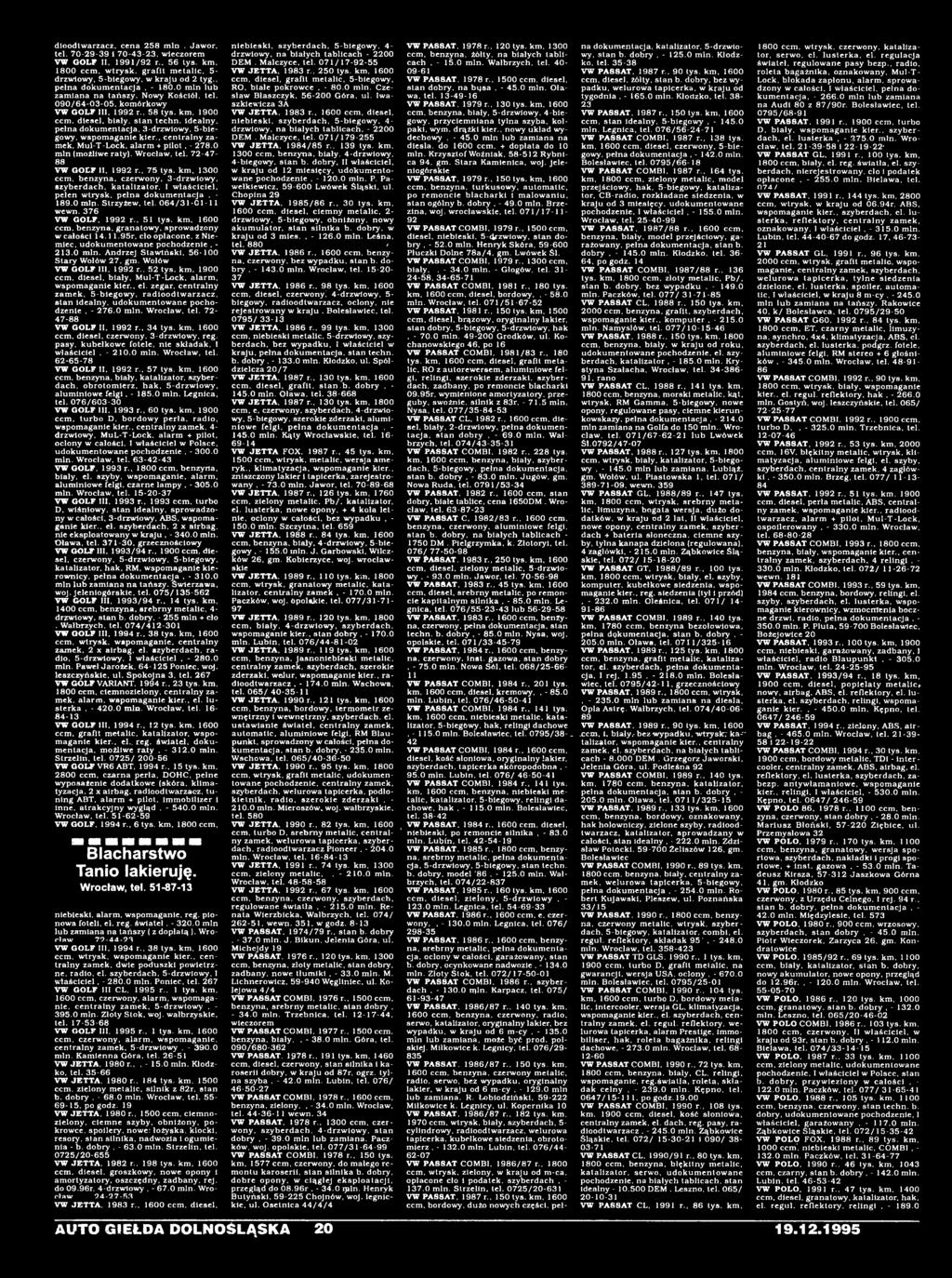 1600 ccm, benzyna, granatowy, sprowadzony w całości 14.11.95r, cło opłacone, z Niemiec, udokumentowane pochodzenie, - 213.0 min. Andrzej Stawiński. 56-100 Stary Wołów 27. gm. Wołów VW GOLF III.