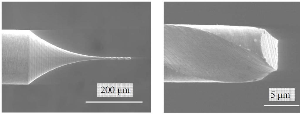 Rys. 1.30. Część skrawająca mikrowiertła krętego z węglików spiekanych o średnicy d = 10 μm wykonana mikroszlifowaniem [77].