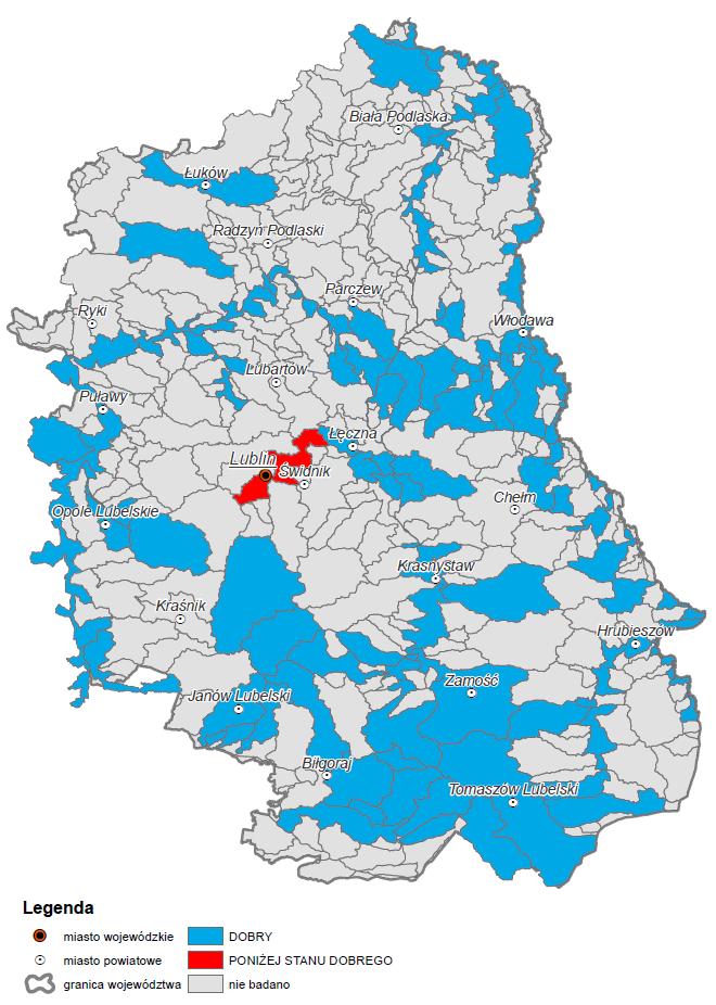 Ocena stanu chemicznego jcwp rzecznych Spośród 155 jcwp ocenionych w latach 2010-2015 stan chemiczny określono dla 68 z nich. Stan dobry przypisano 67 jcwp, a tylko jednej stan poniżej dobrego.