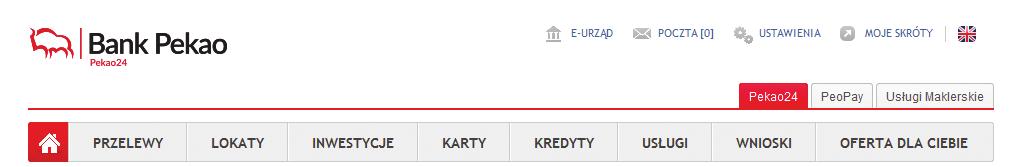 Główne menu serwisu Pekao24 dostępne z poziomu każdej strony:.
