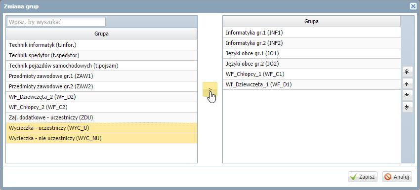 lista wszystkich grup zdefiniowanych przez administratora w module