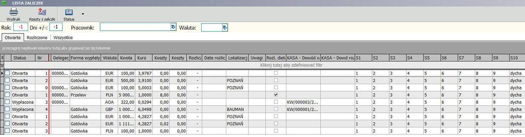 Ilość produktu Nr załadunku Uwagi 13. Lista zaliczek Dodano obsługę mechanizmu pól dodatkowych S1-S10 na liście zaliczek. Mechanizm służy do pokazywania na liście zaliczek dodatkowych danych zaliczki.