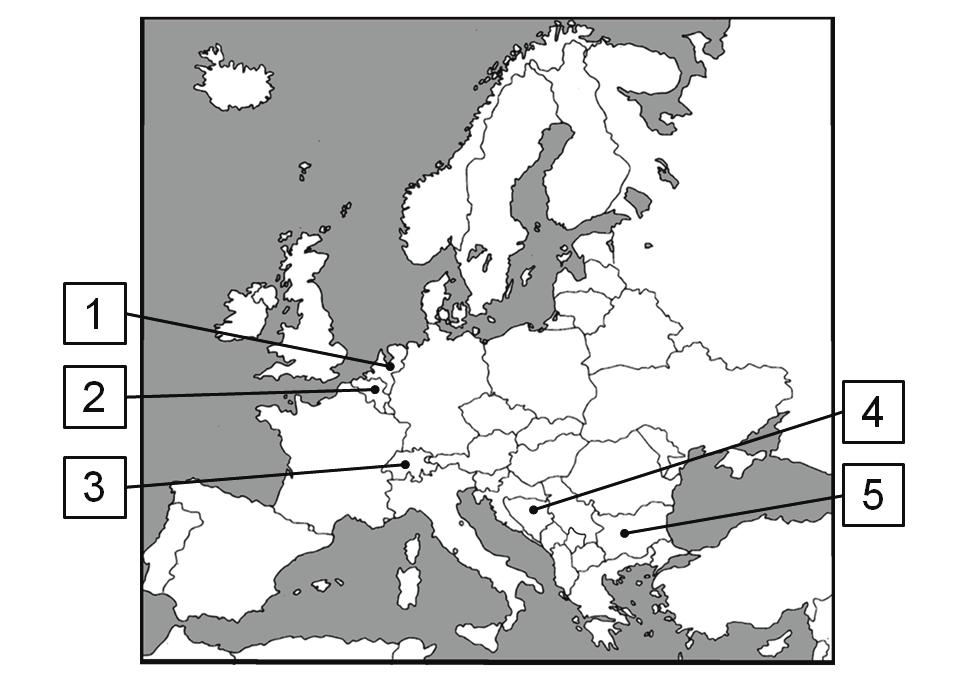 Egzamin maturalny z wiedzy o społeczeństwie 5 Zadanie 10. (2 pkt) Do których z państw oznaczonych na mapie numerami 1 5 odnoszą się zamieszczone opisy? W tabelę wpisz nazwę państwa i numer. A. B.