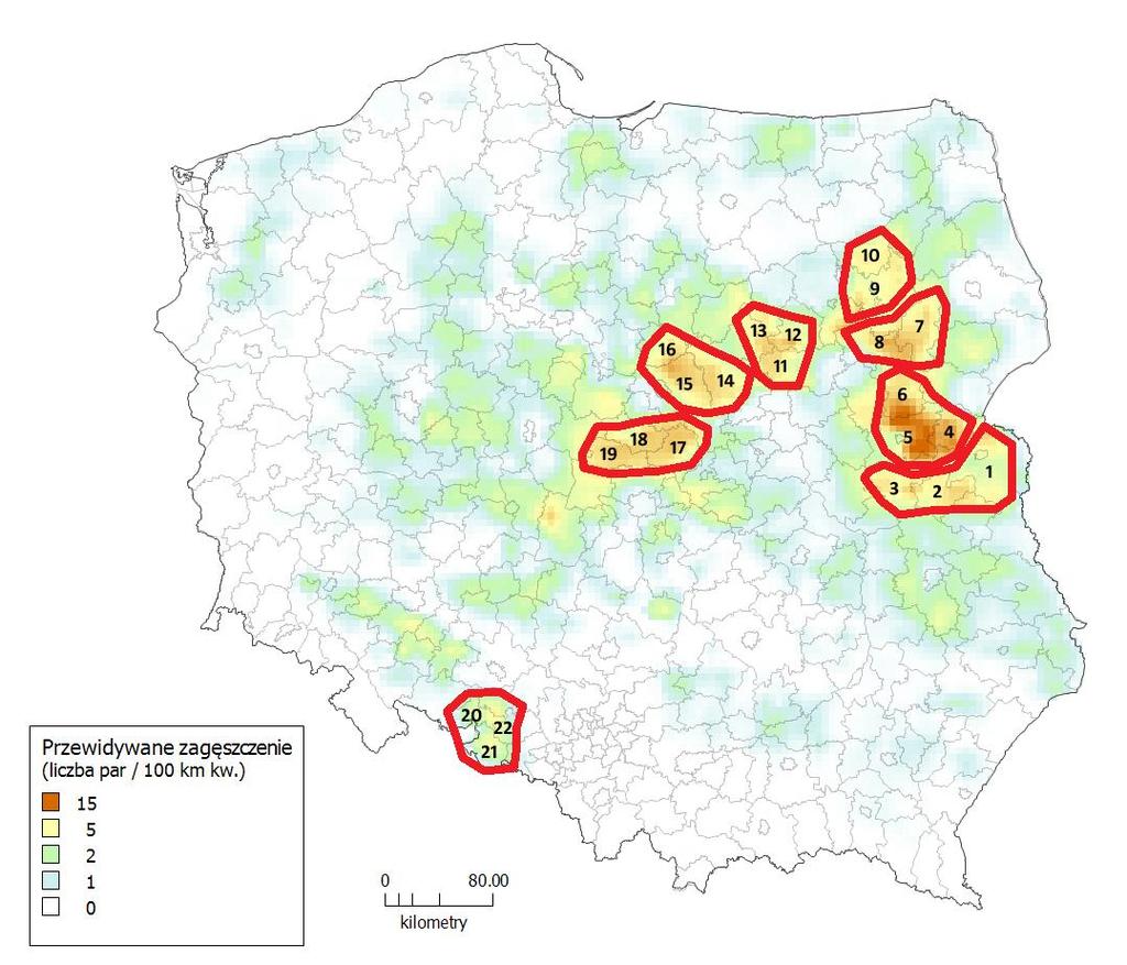 Mapa nr 1. Lokalizacja powiatów, na których będzie prowadzona czynna ochrona lęgów.