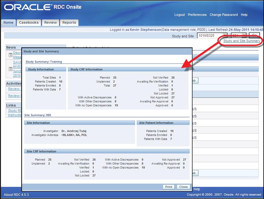 Raporty podsumowujące Łącze do strony Study and Site Summary (Podsumowanie informacji o badaniu i ośrodku) znajduje się w prawym górnym rogu ekranu głównego lub historii i zawiera aktualne informacje