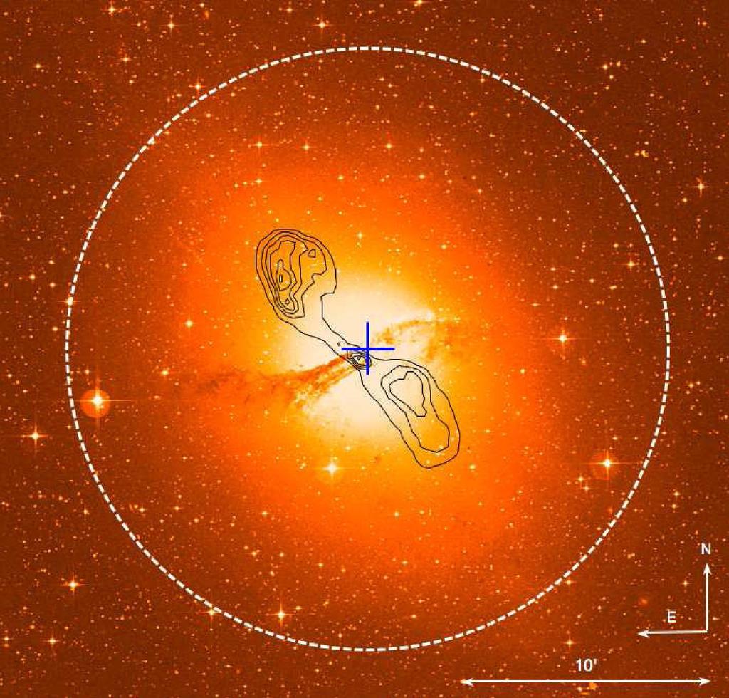 Figure 2. Optical image of Cen A (UK 48 inch Schmidt) overlaid with radio contours (black, VLA, Condon et al.