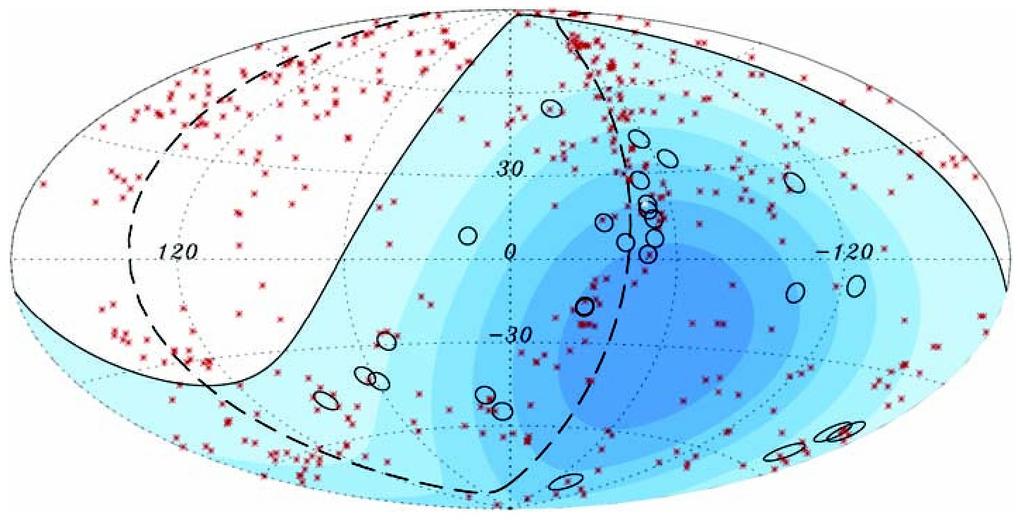 Fig. 2. Aitoff projection of the celestial sphere in galactic coordinates with circles of radius 3.