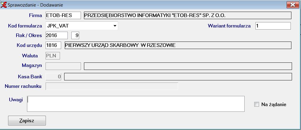 Dla nowego JPK_VAT należy wypełnić dane dotyczące: a. Firmy b. Kodu formularza-jpk_vat c. Wariantu formularza w tej chwili obowiązujący jest wariant 1 d. Roku i okresu którego dotyczy formularz e.