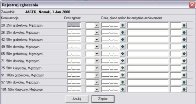 I teraz pojawia się jeden problem na który należy zwrócić uwagę.!!! Zgłaszając zawodnika mamy do wyboru wszystkie możliwe konkurencje z każdej edycji.