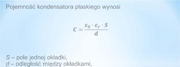 Pojemność kondensatora płaskiego wynosi ε r S S pole jednej okładki, d odległość między okładkami, ε 0 tzw.