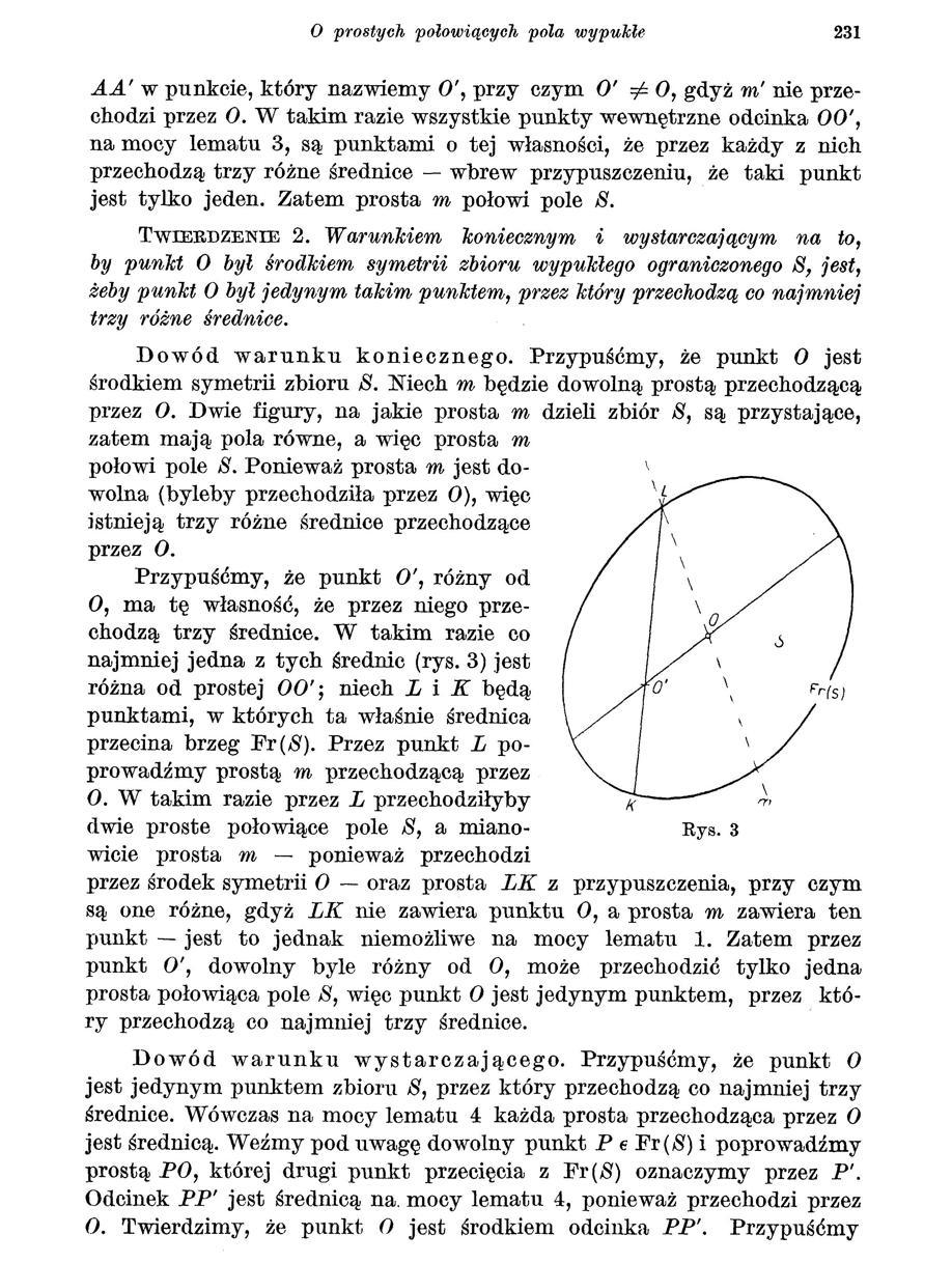 O prostych połowiących pola wypukle 231 AA' w punkcie, który nazwiemy O', przy czym O' i= O, gdyż m' nie przechodzi przez O.