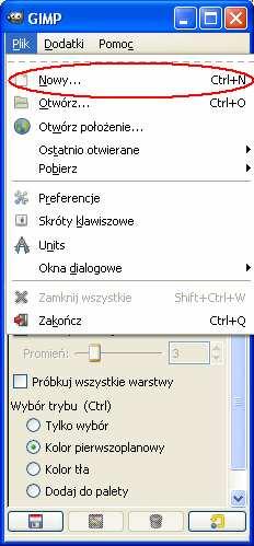 2. Tworzymy nowy obraz wybierając w oknie GIMP z menu plik funkcje Nowy.