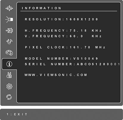 Element Objaśnienie Information (Informacje) wyświetla dane o trybie synchronizacji (wejściowego sygnału wideo) karty graficznej komputera, numer modelu wyświetlacza LCD, numer seryjny i adres