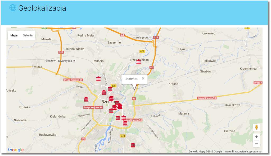 Rozdział 3 Wprowadzenie głównej formatki Geolokalizacja (wyświetlanej po wybraniu w panelu sterowania opcji Geolokalizacja lub wybraniu widżetu miniaplikacji Geolokalizacja): Oprócz standardowego