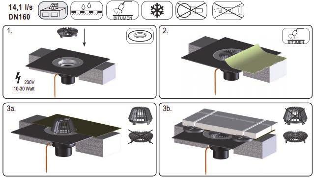 Wpust dachu płaskiego DN160 z płaszczem bitumicznym 500mm i podgrzewem (10-30W/230V) Typ: 62.