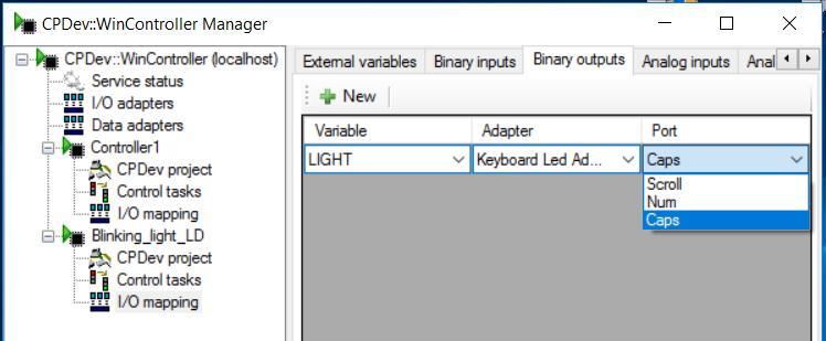 Przypuśćmy, że LED CapsLock ma być ustawiany przez zmienną LIGHT z Blinking_light_LD. Konfigurowanie rozpoczyna się tak jak poprzednio, tzn. od zaznaczenia I/O mapping w tej jednostce.