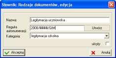 Szablony autonumeracji poszczególnych rodzajów dokumentów definiuje się na formularzu opisu rodzaju dokumentu (Ewidencje / Słowniki / Inne / Rodzaje dokumentów).