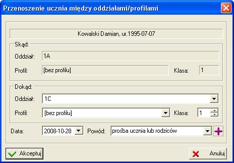 Przekazanie ucznia do innej szkoły znajdujący się z prawej strony listy Przepływy wewnętrzne i wypełnić formularz przeniesienia. Rysunek 99. Formularz przeniesienia ucznia pomiędzy oddziałami.