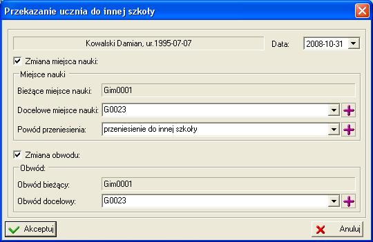 Przepływy uczniów (słuchaczy) potwierdzenie przekazania za pomocą operacji Potwierdź przeniesienie z menu kontekstowego przywołanego na liście zapisów w księdze uczniów na karcie Miejsce w szkole.