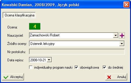 Wpisywanie ocen Rysunek 105. Właściwości oceny.