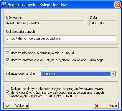 Zestawienia i wydruki Operacja drukowania świadectw przebiega w następujących fazach: eksport danych uczniów do pliku w formacie SOU: automatyczne przywołanie programu Świadectwa Optivum, wybranie