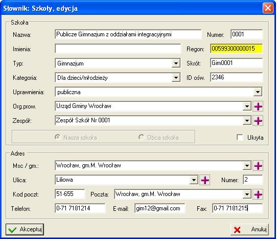 Organizacja szkoły Rysunek 52. Formularz opisu jednostki szkolnej.