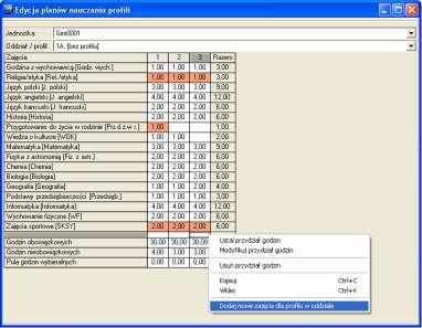 Organizacja szkoły Rysunek 64. Plan nauczania profilu w oddziale. Wypełnienie planu nauczania jest konieczne do prowadzenia arkuszy ocen uczniów (słuchaczy).